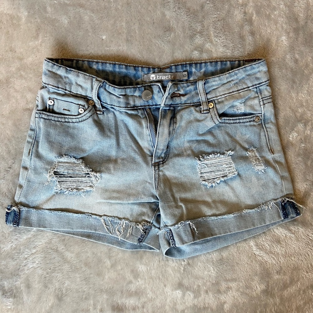 Tractr Girl's Distressed Denim Shorts - Blue with star pattern